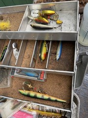 VTG My Buddy Aluminum Fishing Tackle Box 4 Tray Cantilever Tombstone W Tackle