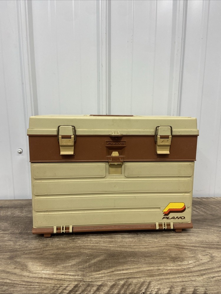 Vintage Plano 757 Tackle Box Fishing Storage Brown/Tan Made In USA 4 Drawers