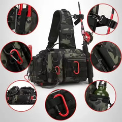 Large Fishing Tackle Bag Shoulder Waist Crossbody Rod Storage Bag Black Camo