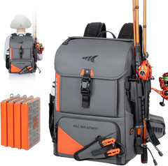 All Weather Fishing Tackle Backpack with 4 Waterproof Tackle Boxes & Removable R