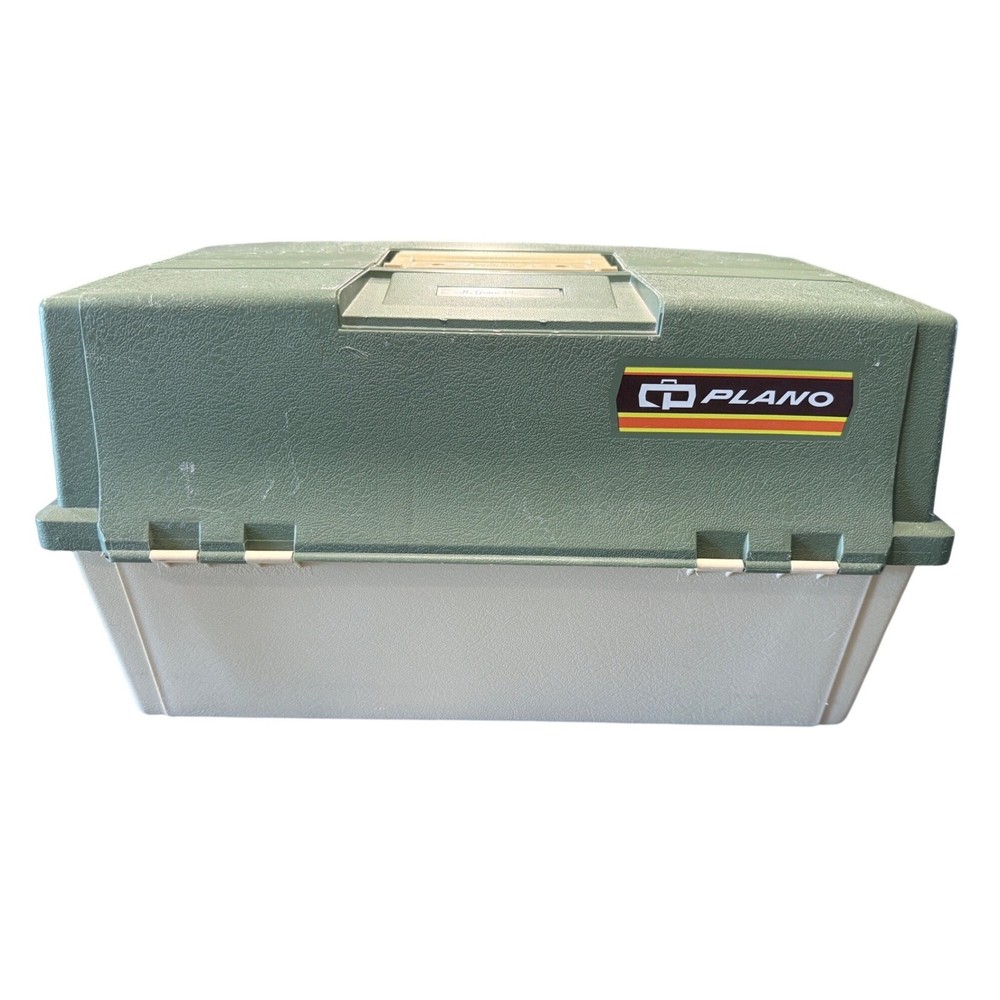 Vintage Plano 8606 Tackle Box Green Tan 6 Tray Cantilever Fishing Storage USA