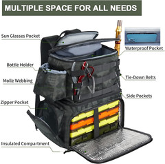 Fishing Tackle Backpack With Cooler Waterproof Rod Holder Large Storage Bag Gear