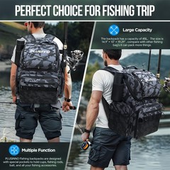 PLUSINNO Fishing Backpack 45L Rod Holders Cooler Water~Resistant Black Camo