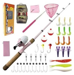 Kids Rod Set, Kids Fishing Rod and Reel Combo and Fishing Net 1.5 Meters Pink