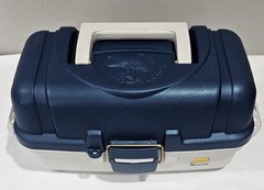 Vintage Plano model 6102- 2 Tray Tackle Box Blue/White W/ Large Mouth Bass NICE!