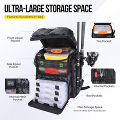 42L Fishing Tackle Backpack Black Camo Rod Holders Gear Bag