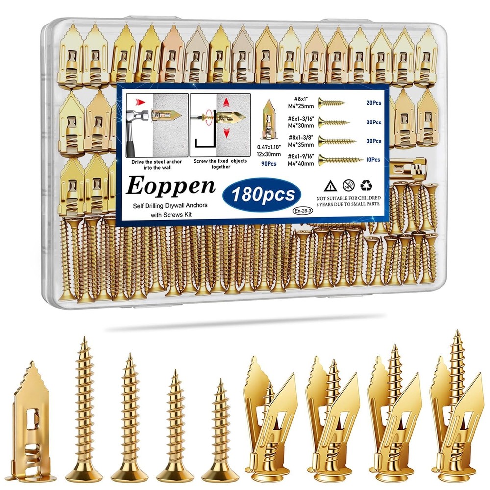 180Pcs Self Drilling Drywall Anchors with Screws Kit, Metal Expansion Bolt fo…