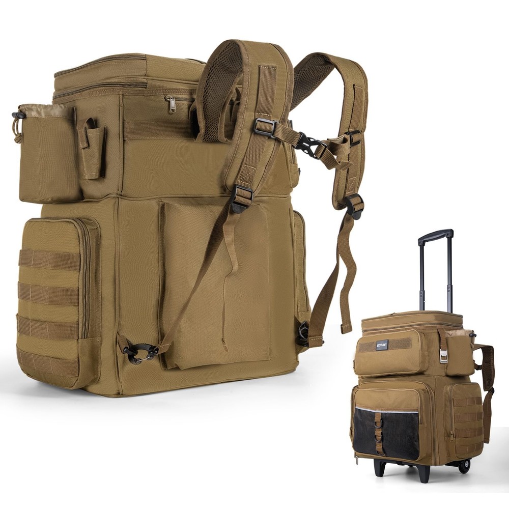 66L Rolling Tackle Box & Cooler, Khaki Fishing Bag with Wheels & Rod Holder