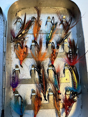 Rare Vintage Hardy Alloy 32 Clip Salmon Fly Box with 28 Period Salmon Flies