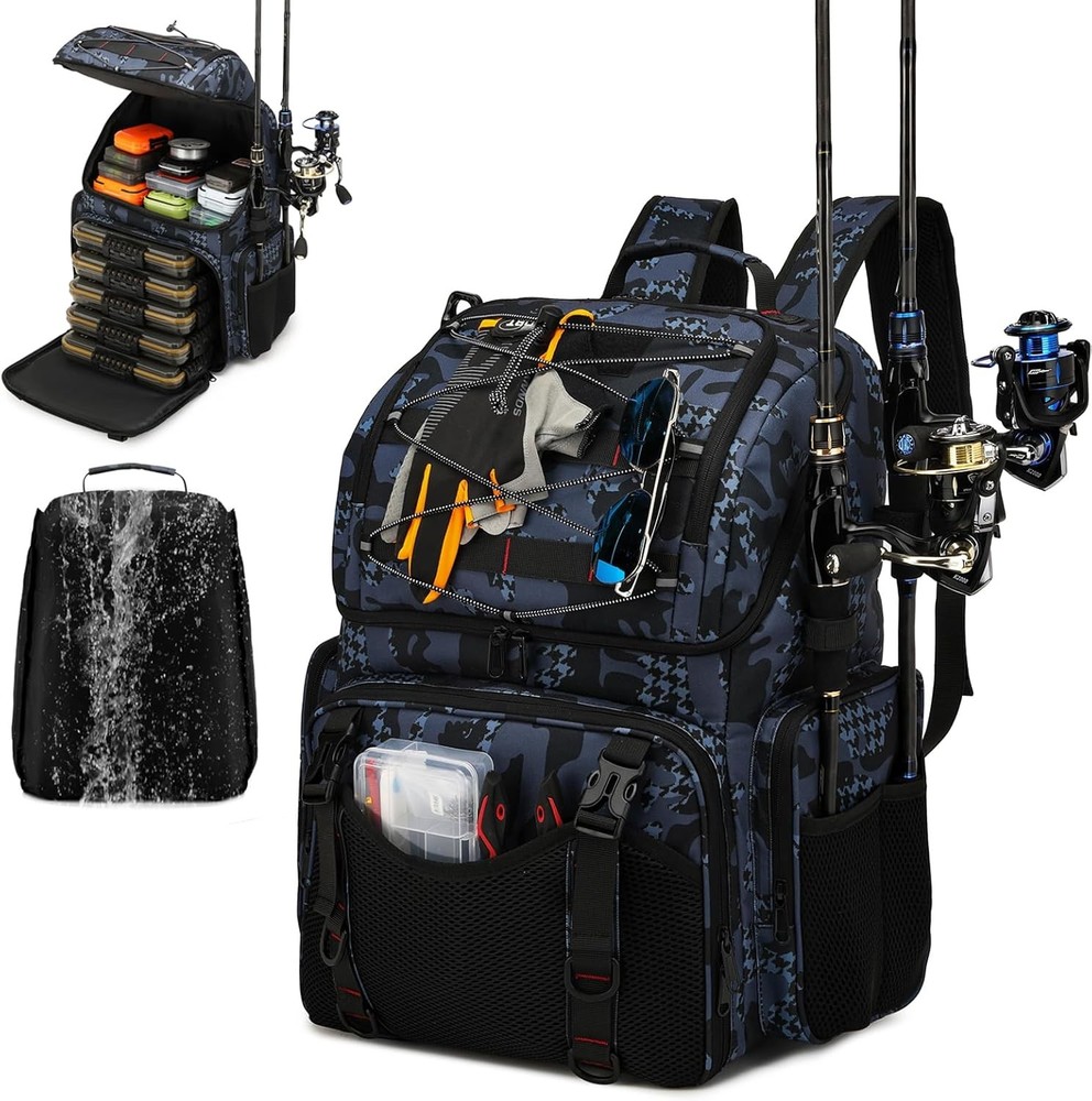 Fishing Backpack, 45L Large Cooler Fishing Tackle bag with Rod Holders & Rain Co