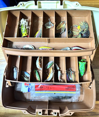 Plano Retro Two Tray Tackle Box Model 6202 Brown & Tan with lures