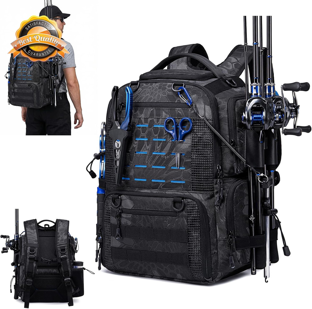 Fishing Tactical Backpack with 2 Rod Holders, Waterproof Tackle Bag with Bottle