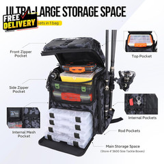 Fishing Backpack with Rod Holders Tackle Box 42L Large Water Resistant Fishing..