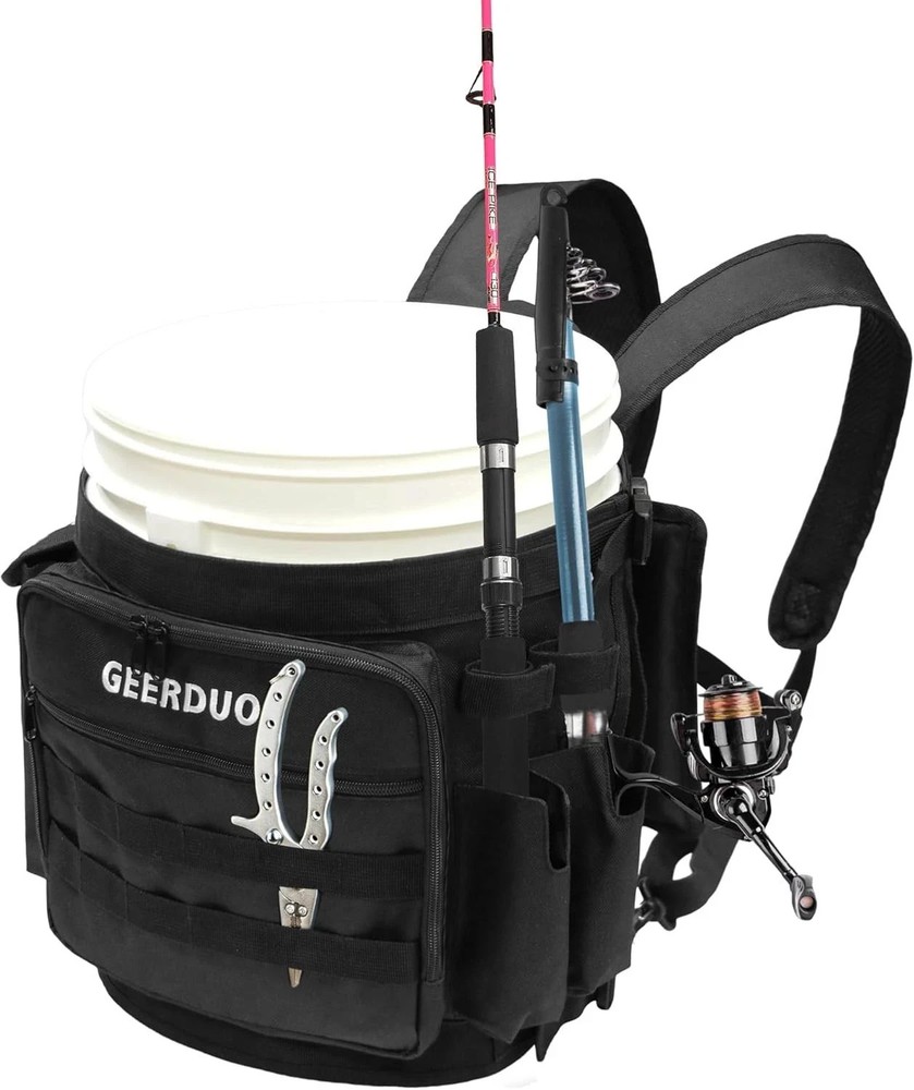 Fishing Bucket Backpack with Rod & Plier Holder and Pockets for Fishing, Hunting