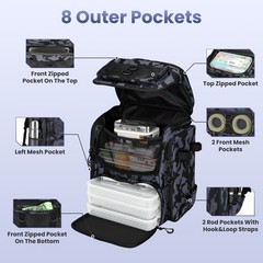 Fishing Backpack Large Capacity Fishing Tackle Storage Bag w/ Rod Holders