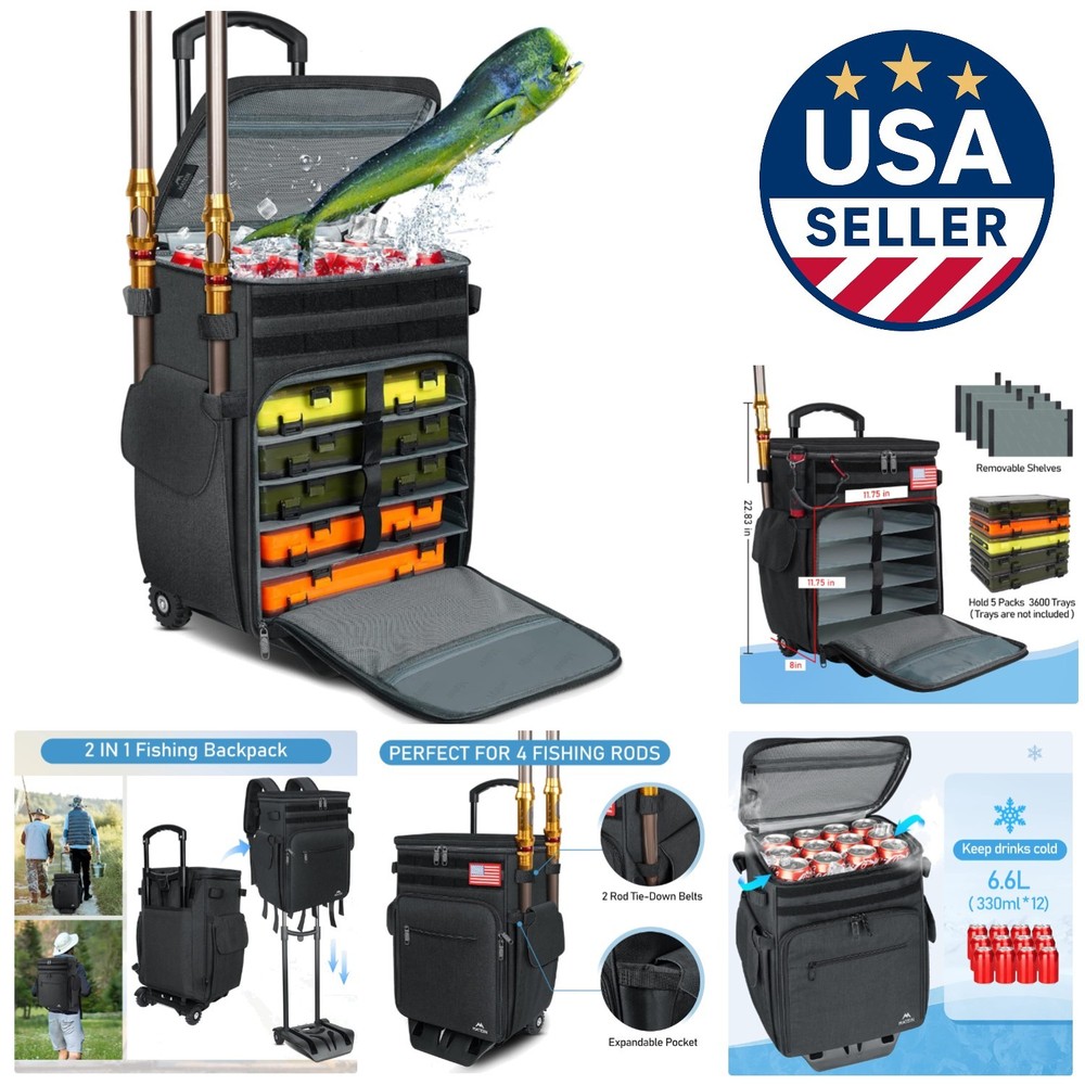 Large Rolling Tackle Backpack with Cooler Compartment for Ultimate Fishing Trips