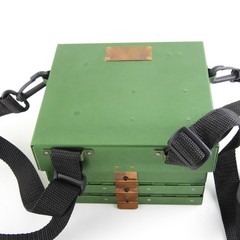 Green Anodized 3-Tier Fly Fishing Chest Box. Labeled “A Bar A Ranch”.