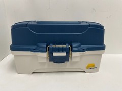 PLANO Fishing Tackle Box, Model 6202 Blue & Tan 14″x8″x8″ Excellent Condition