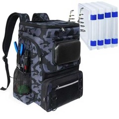 Fishing Backpack with Rod Holder, Large 50L Camo Black with 4 Tackle Boxes