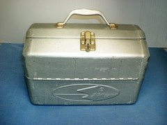 1950’s~JC Higgins~4 Tray Aluminum Tackle Box~ Orig. Embossed Flying Fish Logo