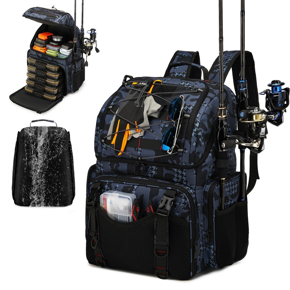 Fishing Tackle Backpack 45L 50cm/19.6in Rod Holders Rain Cover Cooler Bag