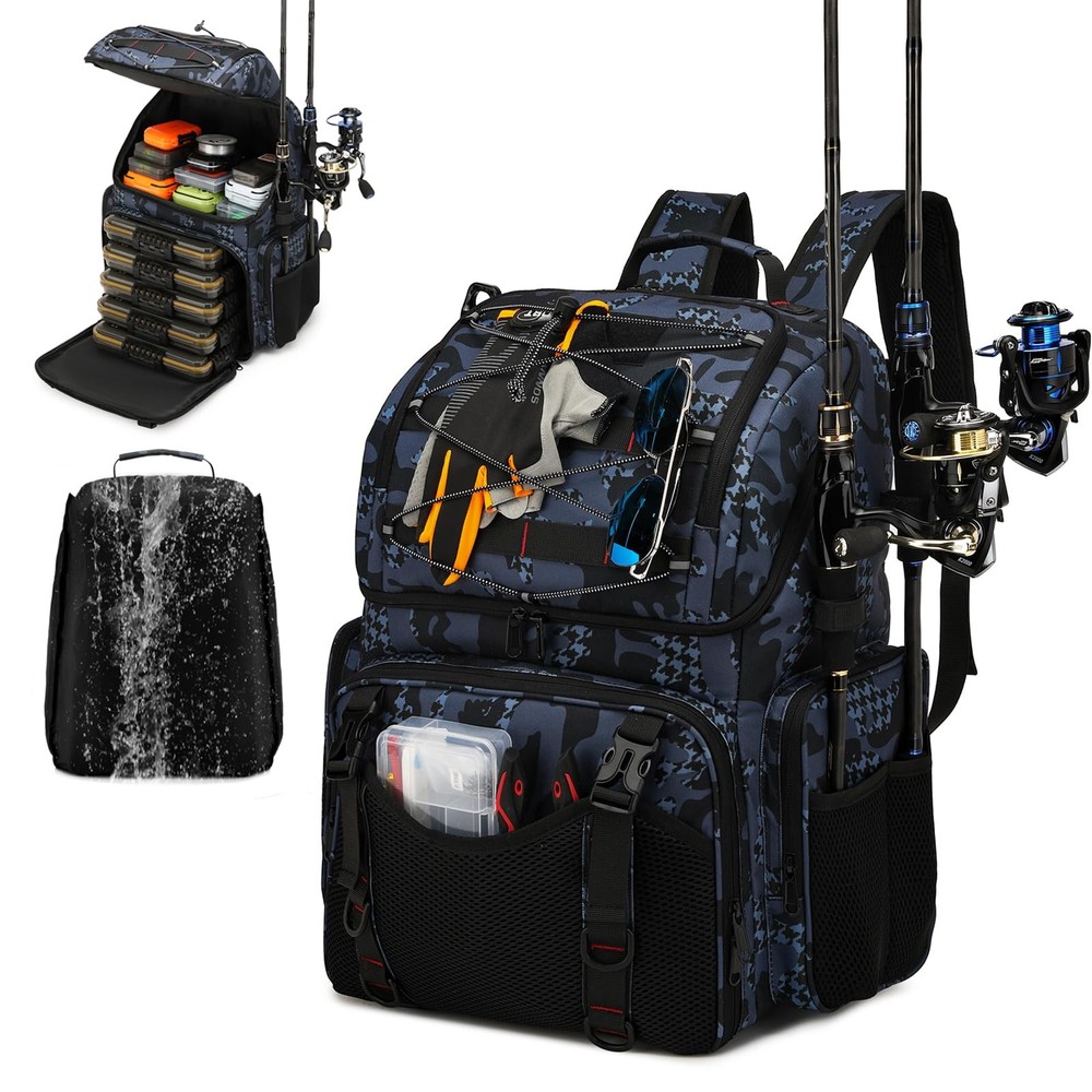 Fishing Backpack 45L Cooler Tackle Bag with Rod Holders & Rain Cover