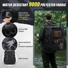 45L Fishing Backpack with Rod Holder & Waterproof Rain Cover, 900D Heavy-Duty